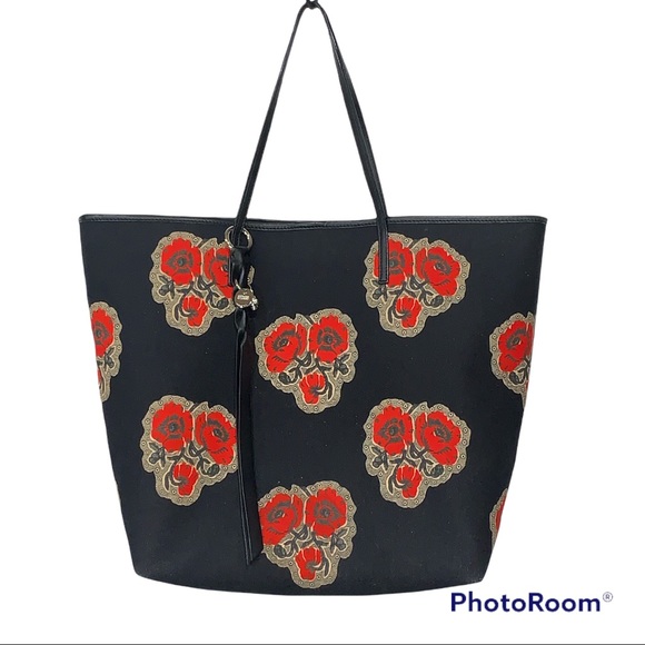 Alexander McQueen Handbags - Alexander McQueen Poppies Print Black Red Canvas Tote Bag